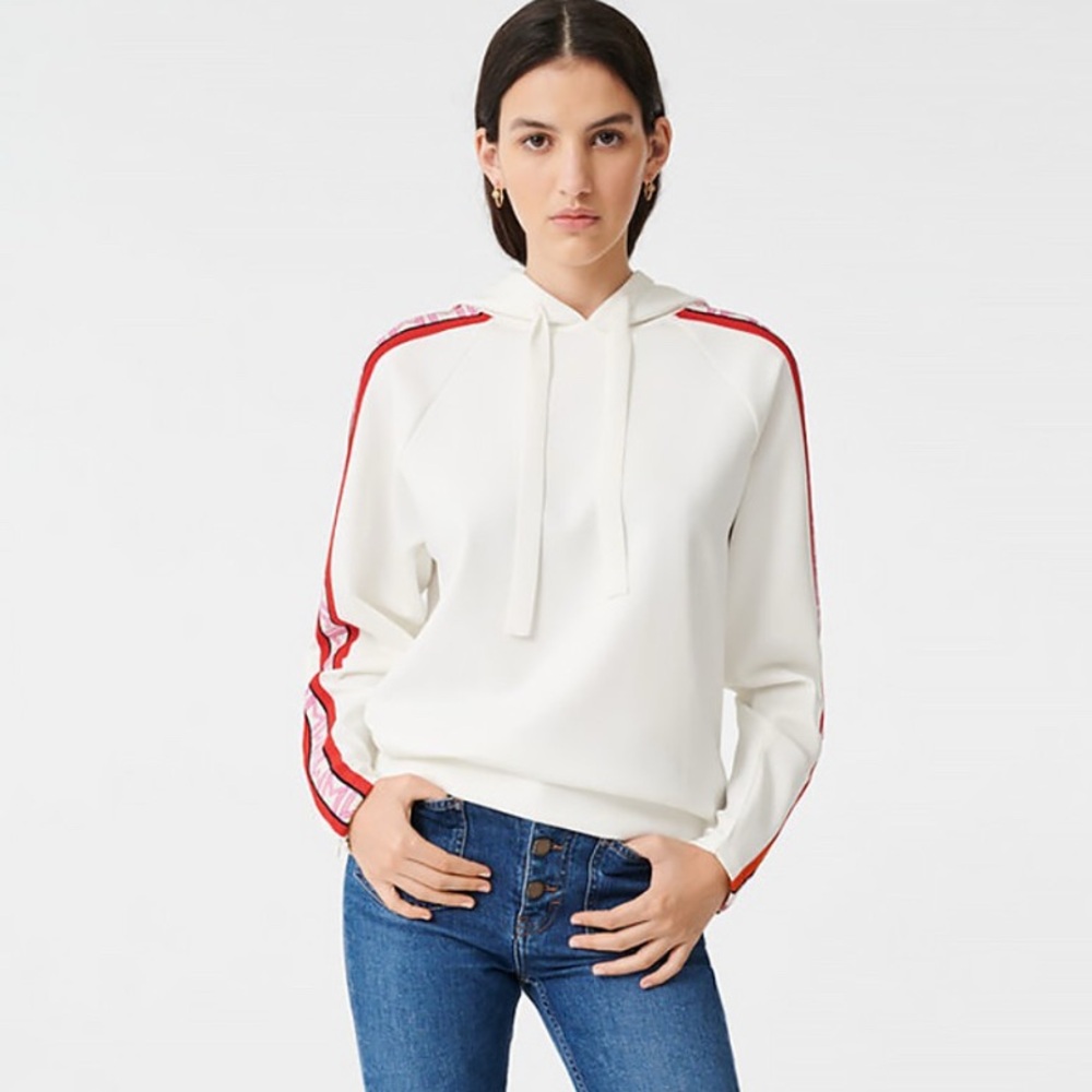 Maje Terrasse Neoprene  White Hoodie with Red Stripes and Pink Logo - Picture 2 of 7